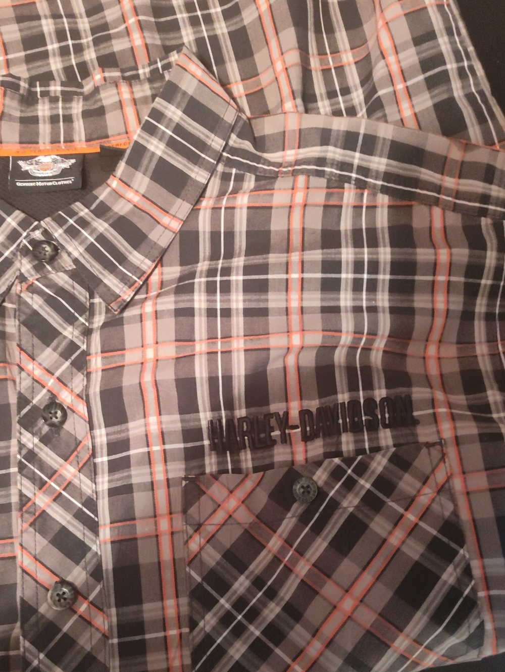 Harley-Davidson Black, Gray & Orange Plaid Button-Down Shirt 2XL